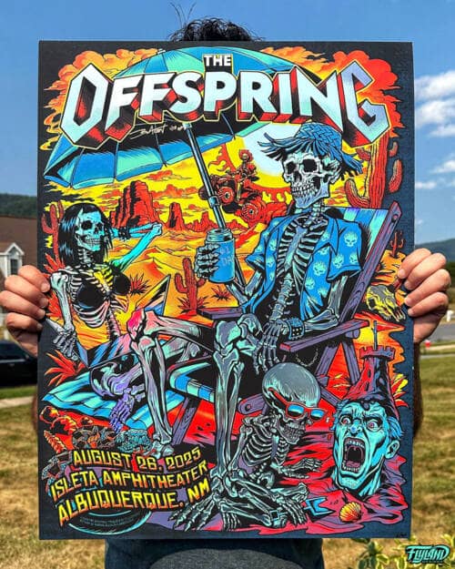 Foil Silk screen poster of a family of skeletons enjoying a day at the beach in the New Mexico desert drawn for the band The Offspring for their 2025 tour