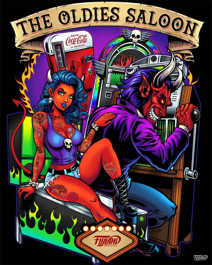 T-shirt design of 2 demon characters surrounded by a pinball machine, slot machine, jukebox, and soda machine for The Oldies Saloon, drawn by artist Brian Allen
