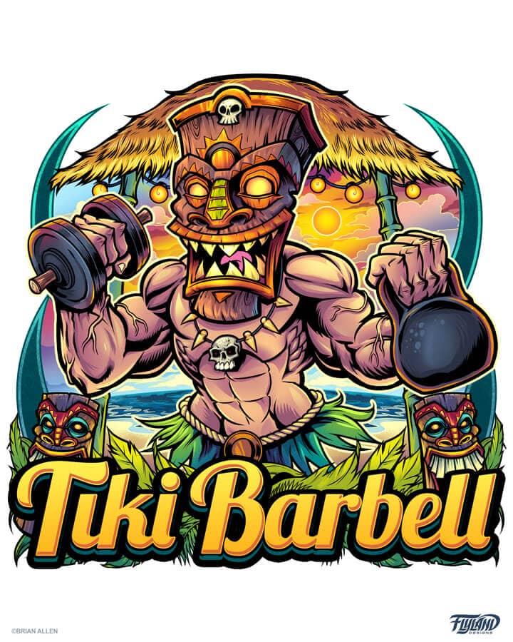 A logo illustration of a tiki man lifting weights for Tiki Barbell, drawn by artist Brian Allen