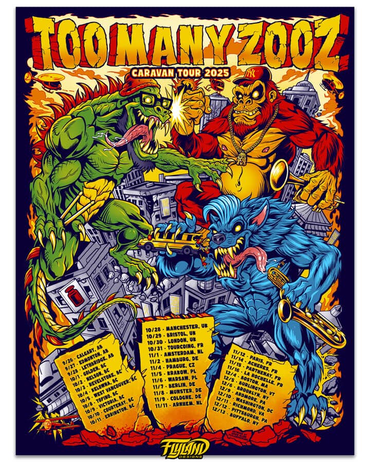 Parody illustration of the Rampage arcade game for the band Too Many Zooz showing a lizard, gorilla, and werewolf attacking a city artwork by Brian Allen