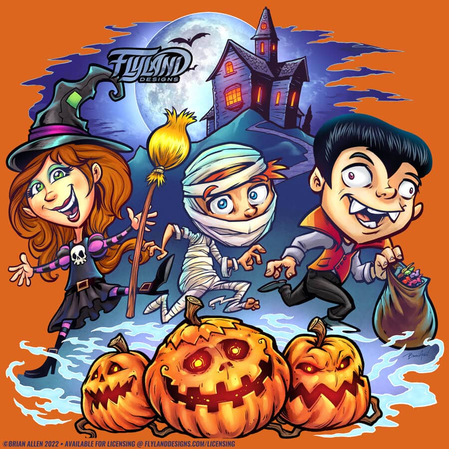 cartoon children's illustration of halloween featuring a witch, vampire, and mummy