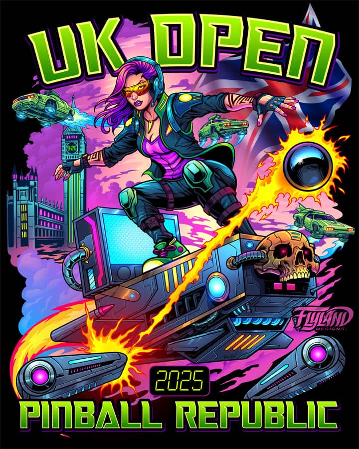 T-Shirt illustration of a cyberpunk girl surfing on a pinball machine above a cyberpunk London with flying cars, created for the UK Open 2025 event.