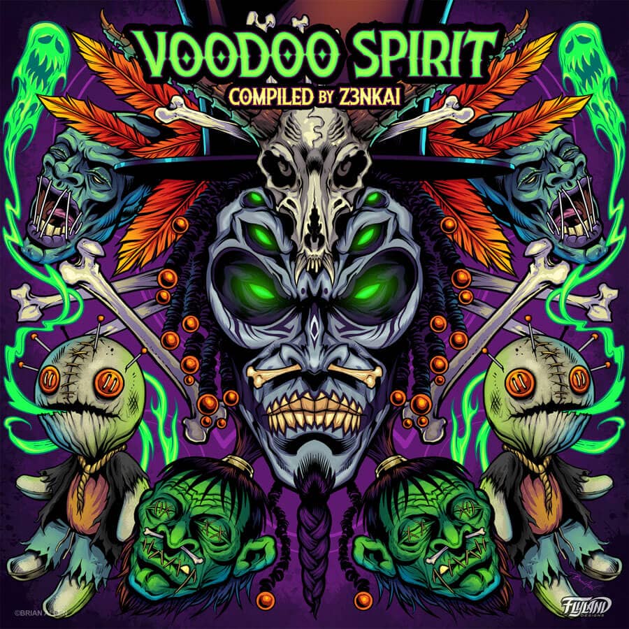An album cover illustration of a voodoo character surrounded by shrunken heads and voodoo dolls, drawn by artist Brian Allen
