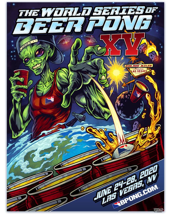 Space themed poster of an alien playing beer pong for The World Series of Beer Pong XV, drawn by artist Brian Allen